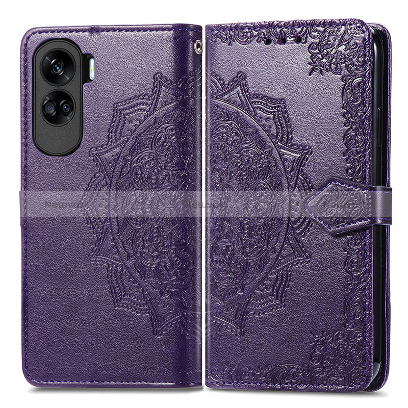 Leather Case Stands Fashionable Pattern Flip Cover Holder for Huawei Honor 90 Lite 5G Purple