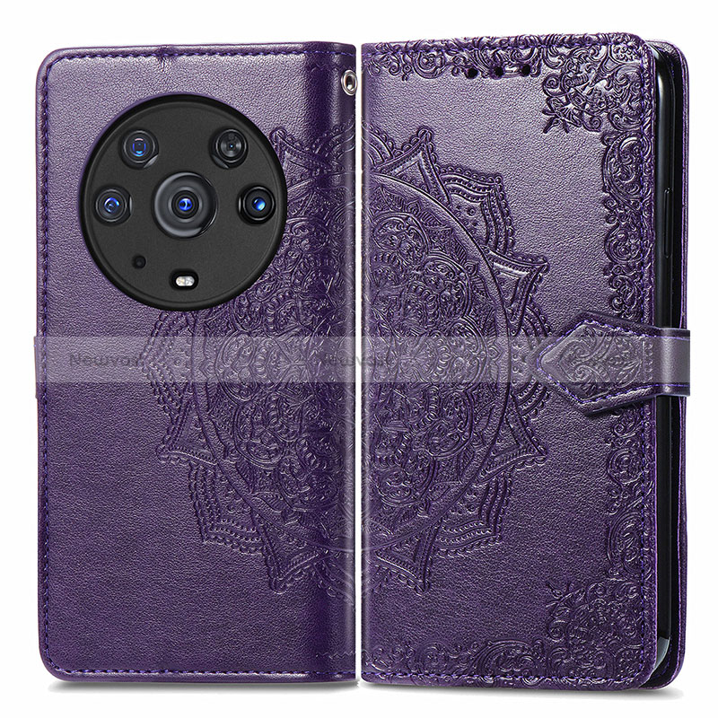 Leather Case Stands Fashionable Pattern Flip Cover Holder for Huawei Honor Magic3 Pro 5G Purple