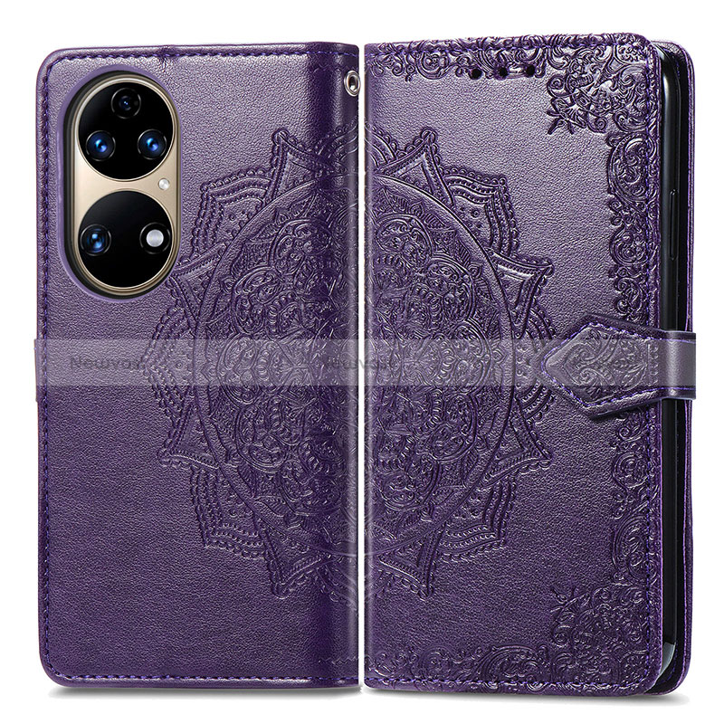 Leather Case Stands Fashionable Pattern Flip Cover Holder for Huawei P50e Purple