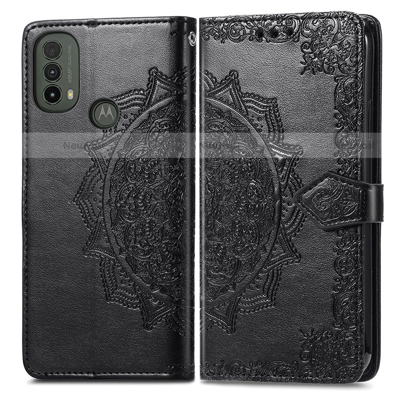 Leather Case Stands Fashionable Pattern Flip Cover Holder for Motorola Moto E20 Black