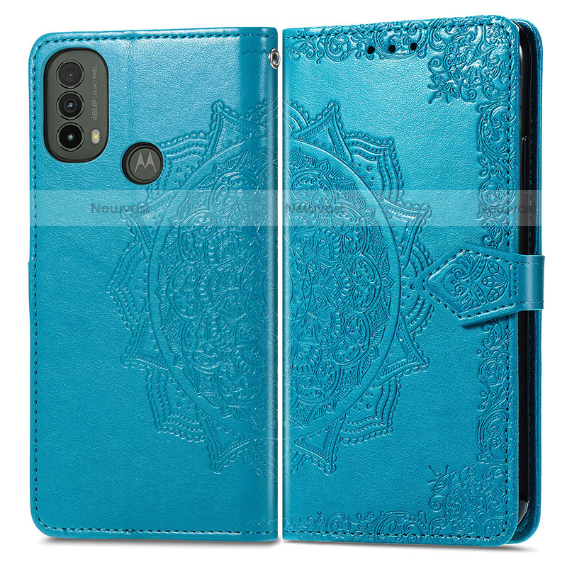 Leather Case Stands Fashionable Pattern Flip Cover Holder for Motorola Moto E30 Blue