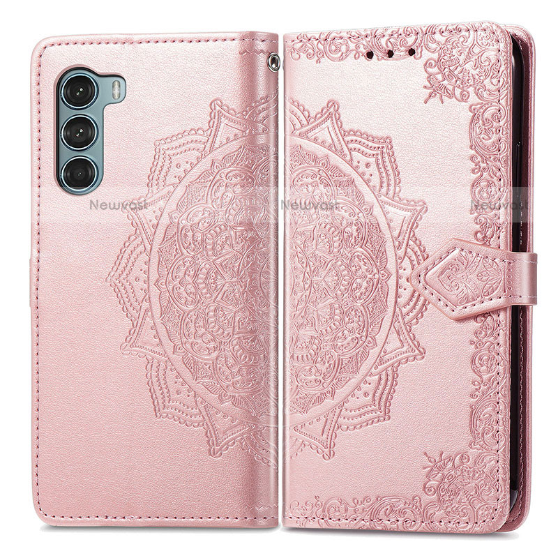 Leather Case Stands Fashionable Pattern Flip Cover Holder for Motorola Moto G200 5G Rose Gold