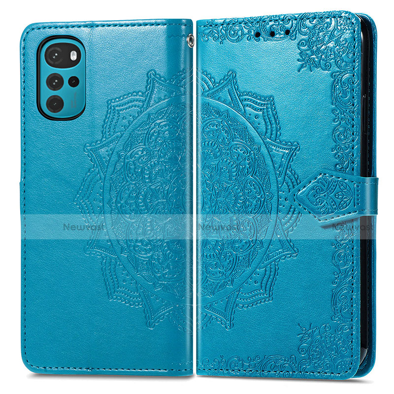 Leather Case Stands Fashionable Pattern Flip Cover Holder for Motorola Moto G22 Blue