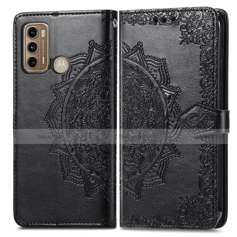 Leather Case Stands Fashionable Pattern Flip Cover Holder for Motorola Moto G60 Black