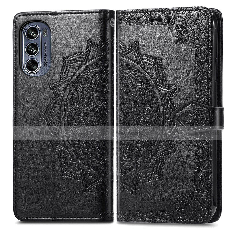 Leather Case Stands Fashionable Pattern Flip Cover Holder for Motorola Moto G62 5G Black