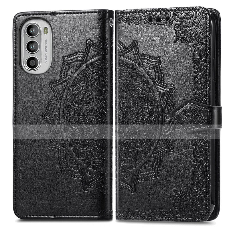 Leather Case Stands Fashionable Pattern Flip Cover Holder for Motorola Moto G71s 5G Black