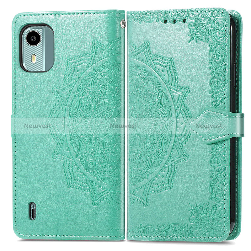 Leather Case Stands Fashionable Pattern Flip Cover Holder for Nokia C12 Plus Green