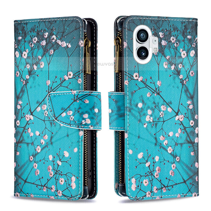 Leather Case Stands Fashionable Pattern Flip Cover Holder for Nothing Phone 1 Cyan