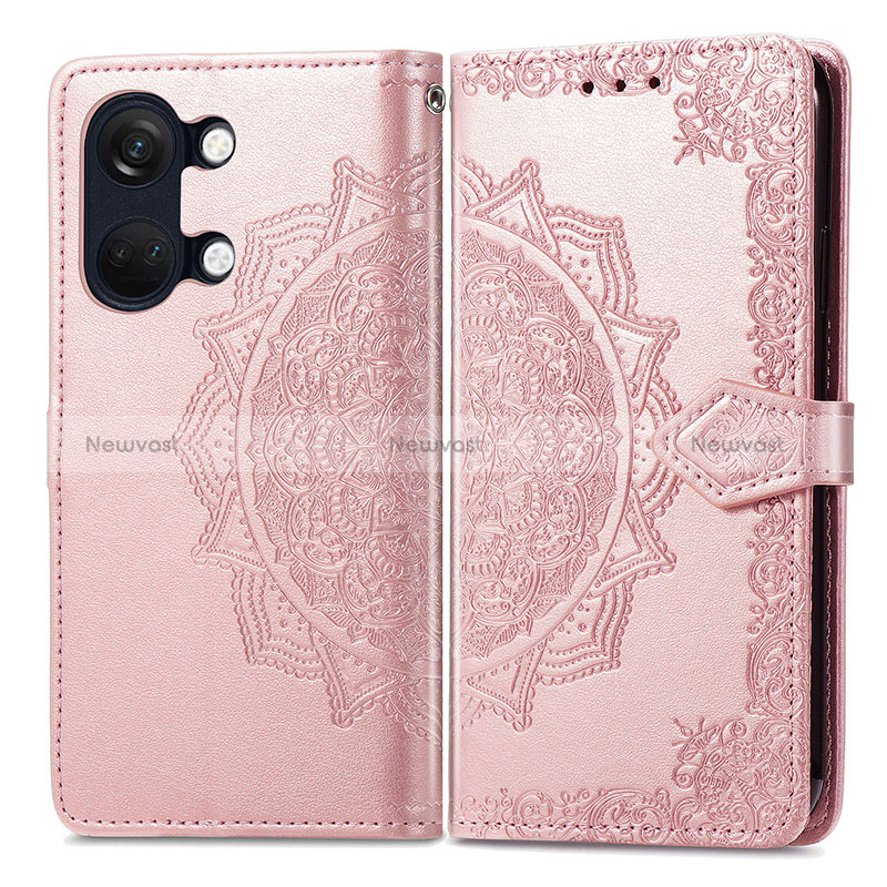 Leather Case Stands Fashionable Pattern Flip Cover Holder for OnePlus Ace 2V 5G Rose Gold