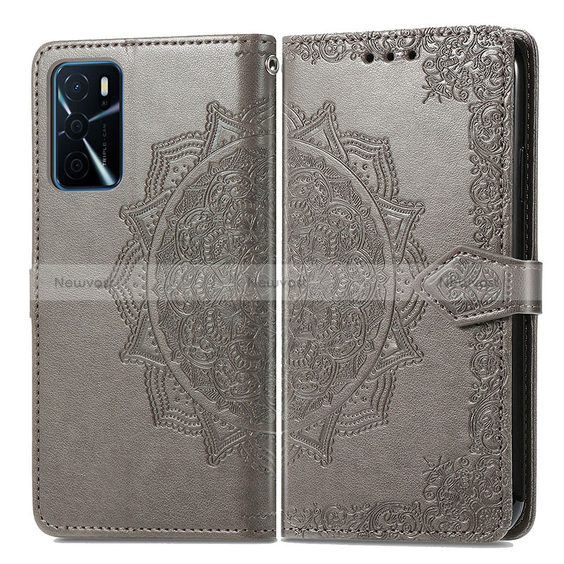 Leather Case Stands Fashionable Pattern Flip Cover Holder for Oppo A16 Gray