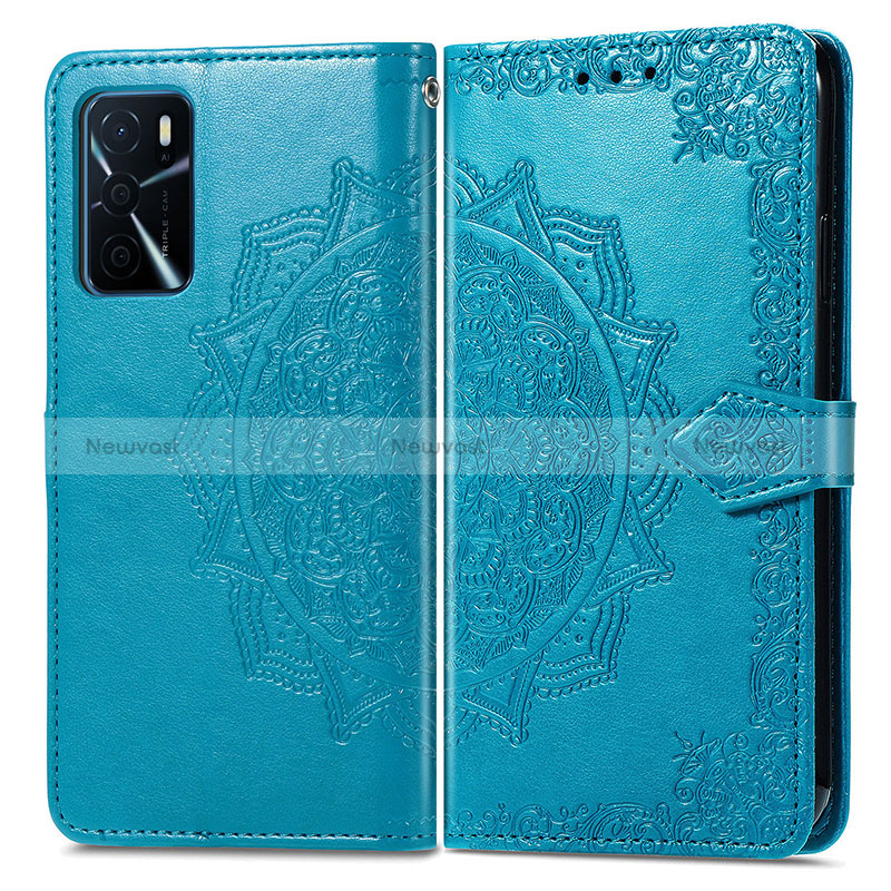 Leather Case Stands Fashionable Pattern Flip Cover Holder for Oppo A16s Blue
