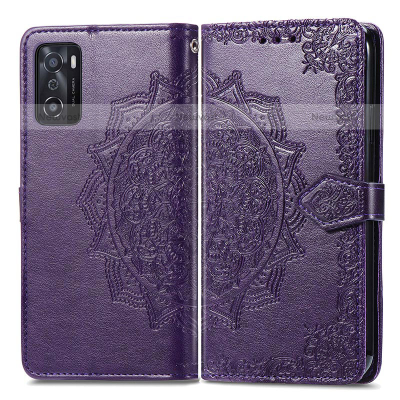 Leather Case Stands Fashionable Pattern Flip Cover Holder for Oppo A55S 5G Purple