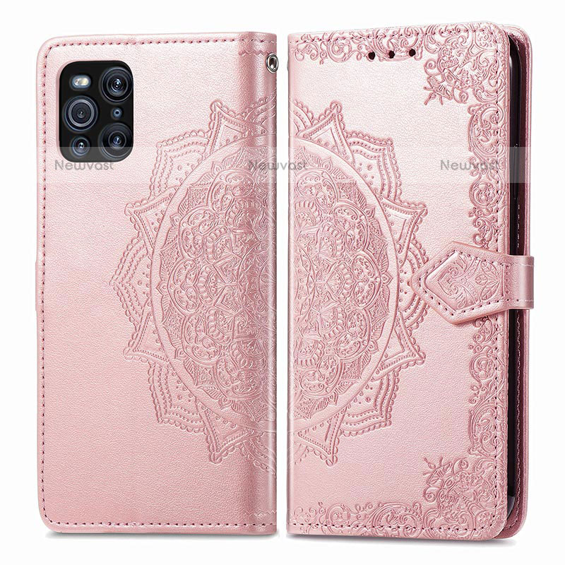 Leather Case Stands Fashionable Pattern Flip Cover Holder for Oppo Find X3 Pro 5G Rose Gold