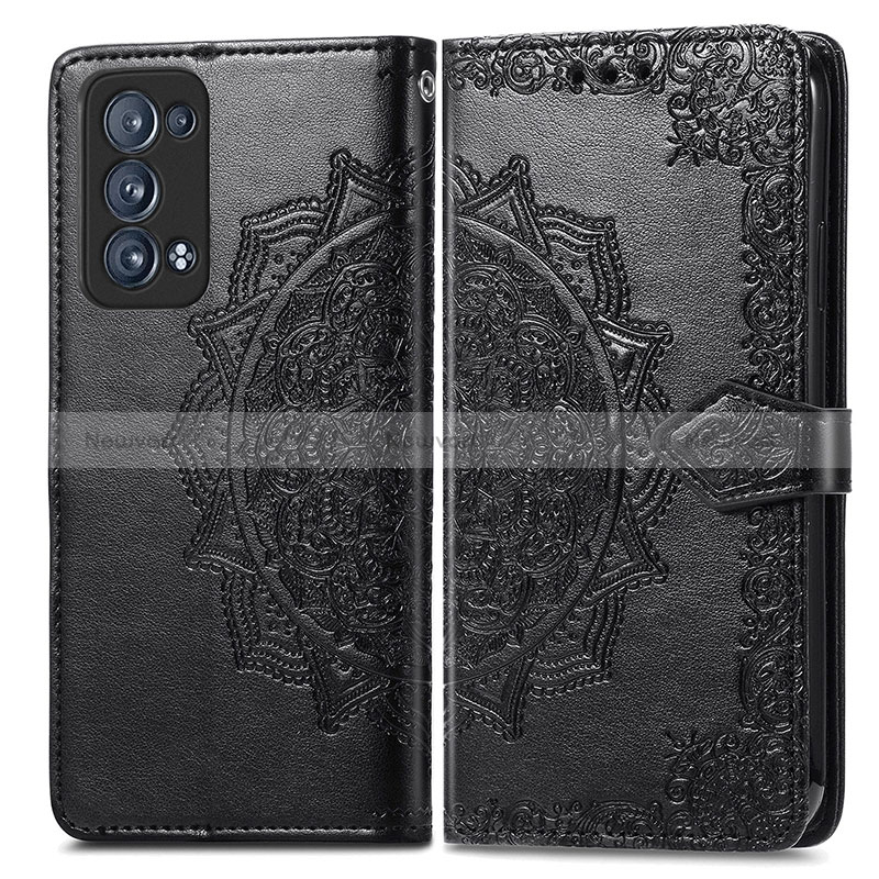 Leather Case Stands Fashionable Pattern Flip Cover Holder for Oppo Reno6 Pro 5G Black