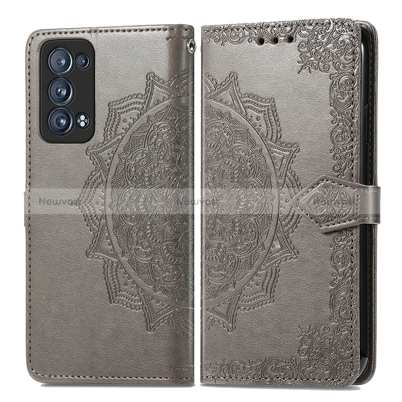 Leather Case Stands Fashionable Pattern Flip Cover Holder for Oppo Reno6 Pro 5G Gray