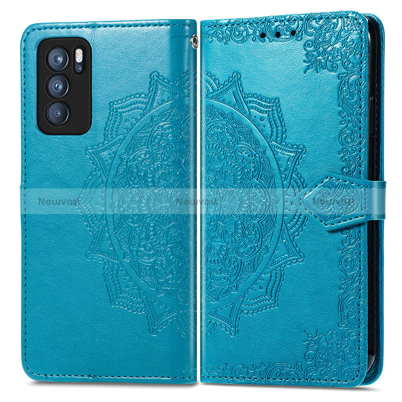 Leather Case Stands Fashionable Pattern Flip Cover Holder for Oppo Reno6 Pro 5G India Blue