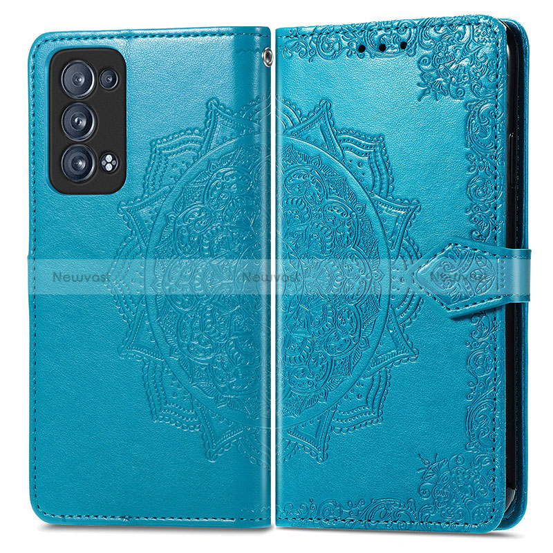 Leather Case Stands Fashionable Pattern Flip Cover Holder for Oppo Reno6 Pro+ Plus 5G Blue