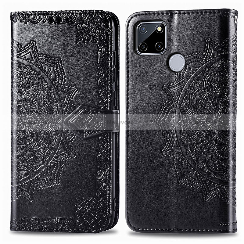 Leather Case Stands Fashionable Pattern Flip Cover Holder for Realme 7i RMX2193 Black