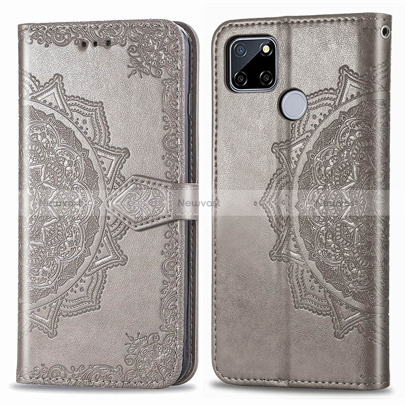 Leather Case Stands Fashionable Pattern Flip Cover Holder for Realme 7i RMX2193 Gray