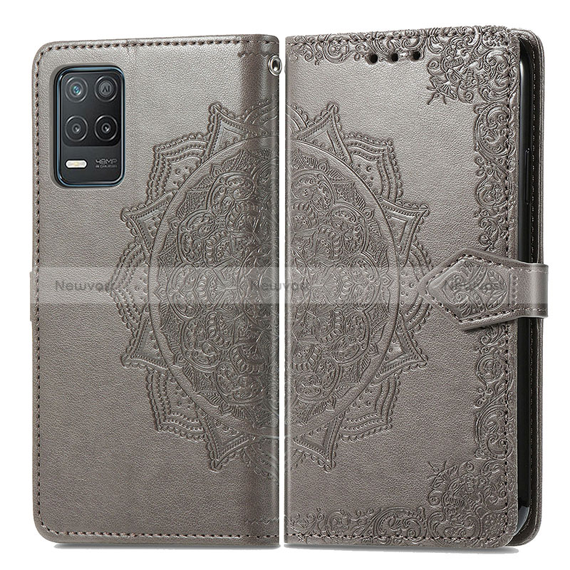 Leather Case Stands Fashionable Pattern Flip Cover Holder for Realme 9 5G India Gray