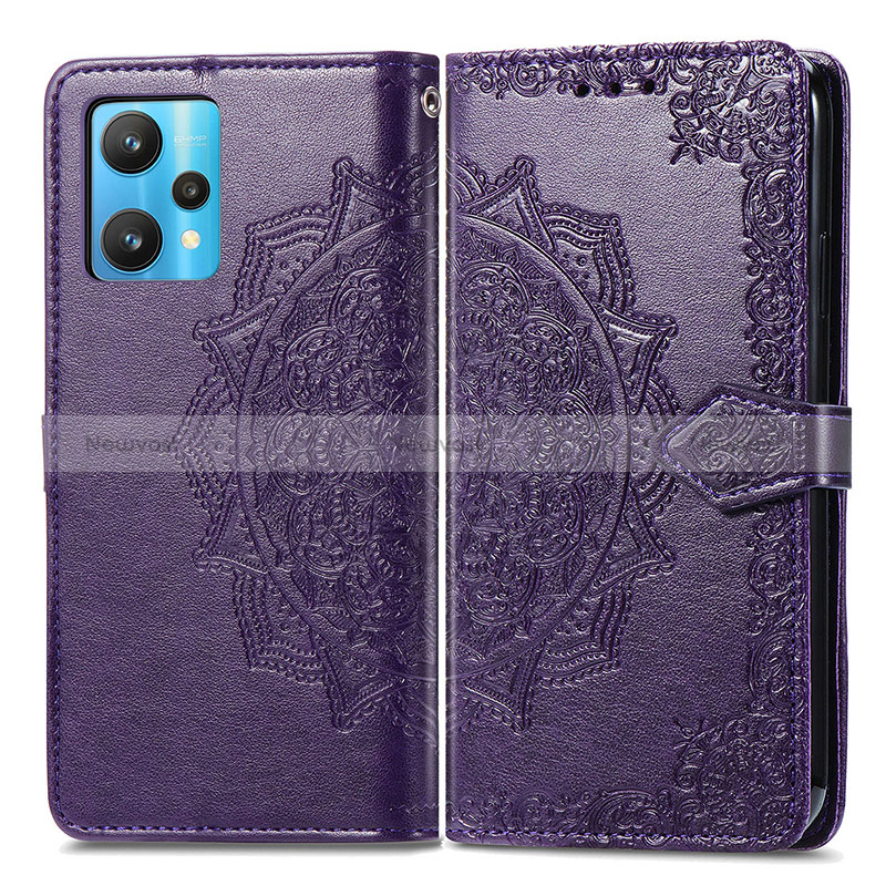 Leather Case Stands Fashionable Pattern Flip Cover Holder for Realme 9 5G Purple