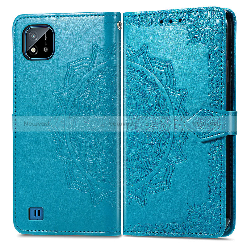 Leather Case Stands Fashionable Pattern Flip Cover Holder for Realme C11 (2021) Blue