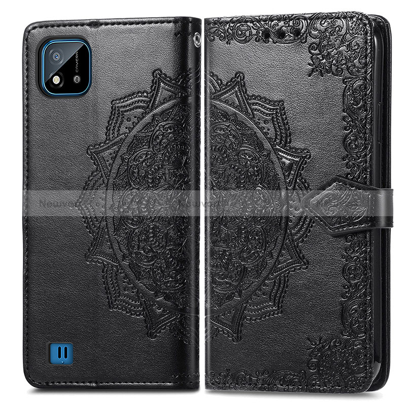 Leather Case Stands Fashionable Pattern Flip Cover Holder for Realme C20 Black