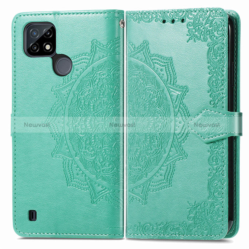 Leather Case Stands Fashionable Pattern Flip Cover Holder for Realme C25Y Green