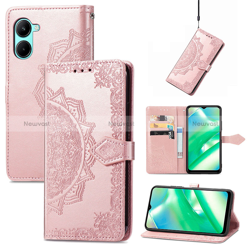 Leather Case Stands Fashionable Pattern Flip Cover Holder for Realme C33 Rose Gold