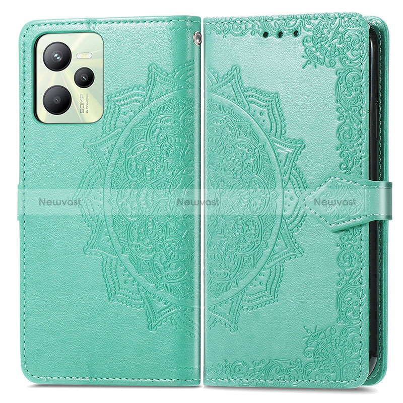 Leather Case Stands Fashionable Pattern Flip Cover Holder for Realme C35 Green