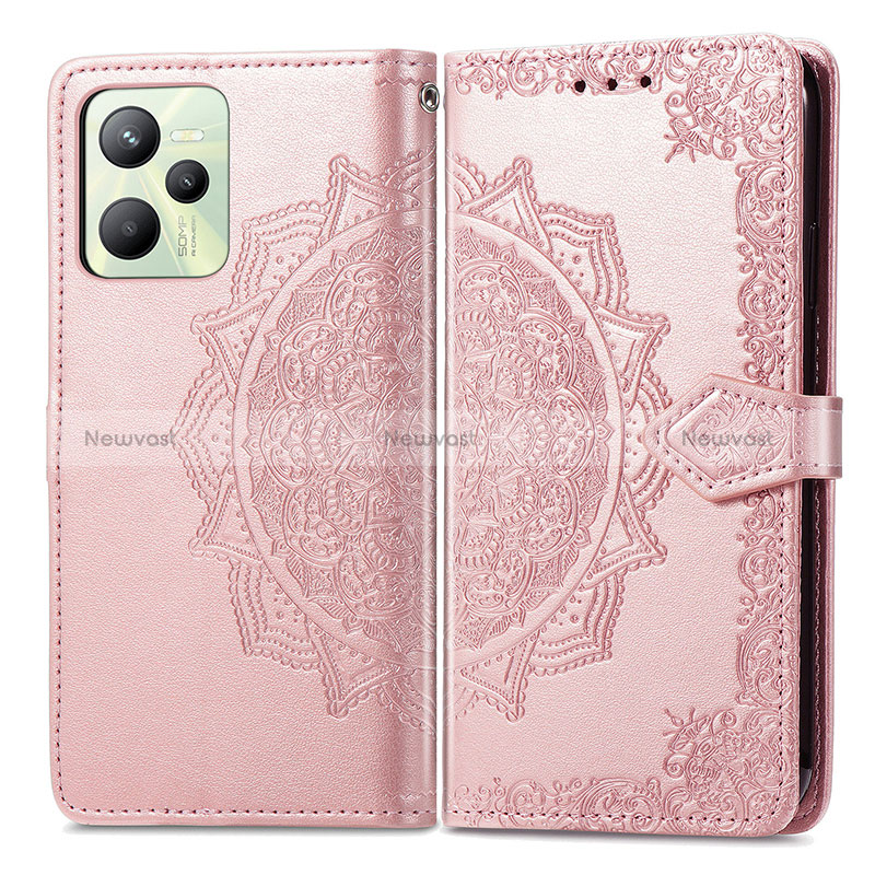 Leather Case Stands Fashionable Pattern Flip Cover Holder for Realme C35 Rose Gold