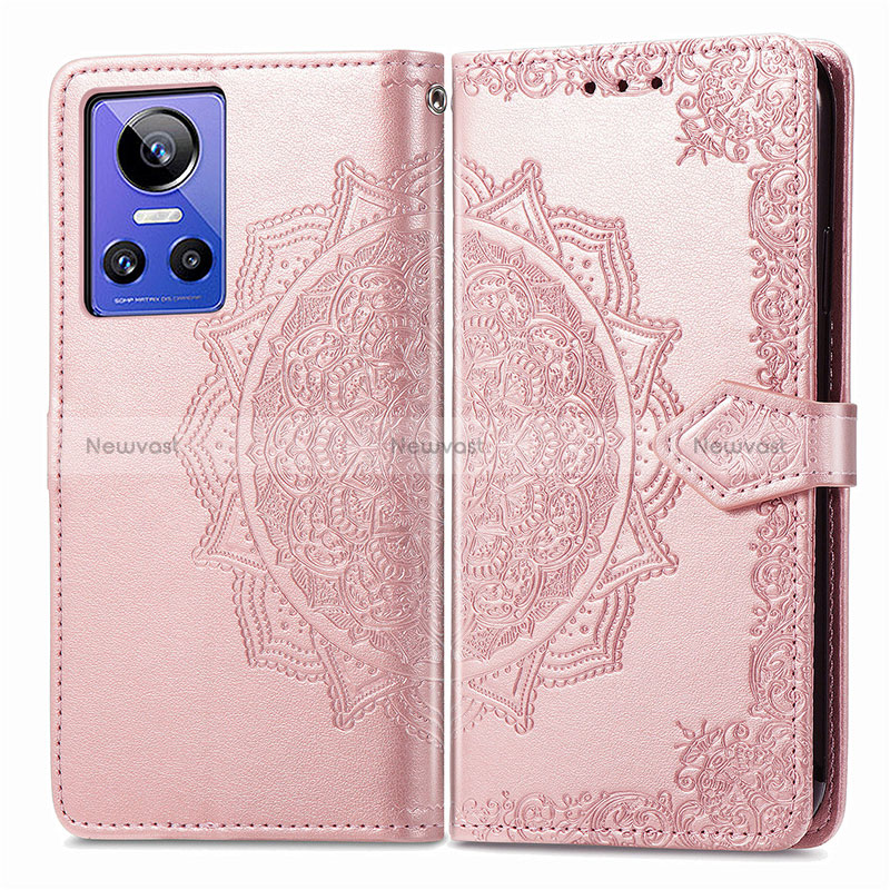 Leather Case Stands Fashionable Pattern Flip Cover Holder for Realme GT Neo3 5G Rose Gold