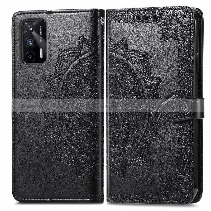 Leather Case Stands Fashionable Pattern Flip Cover Holder for Realme Q3 Pro 5G Black