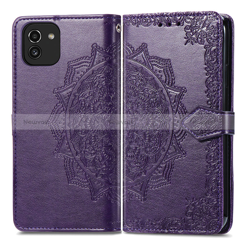 Leather Case Stands Fashionable Pattern Flip Cover Holder for Samsung Galaxy A03 Purple