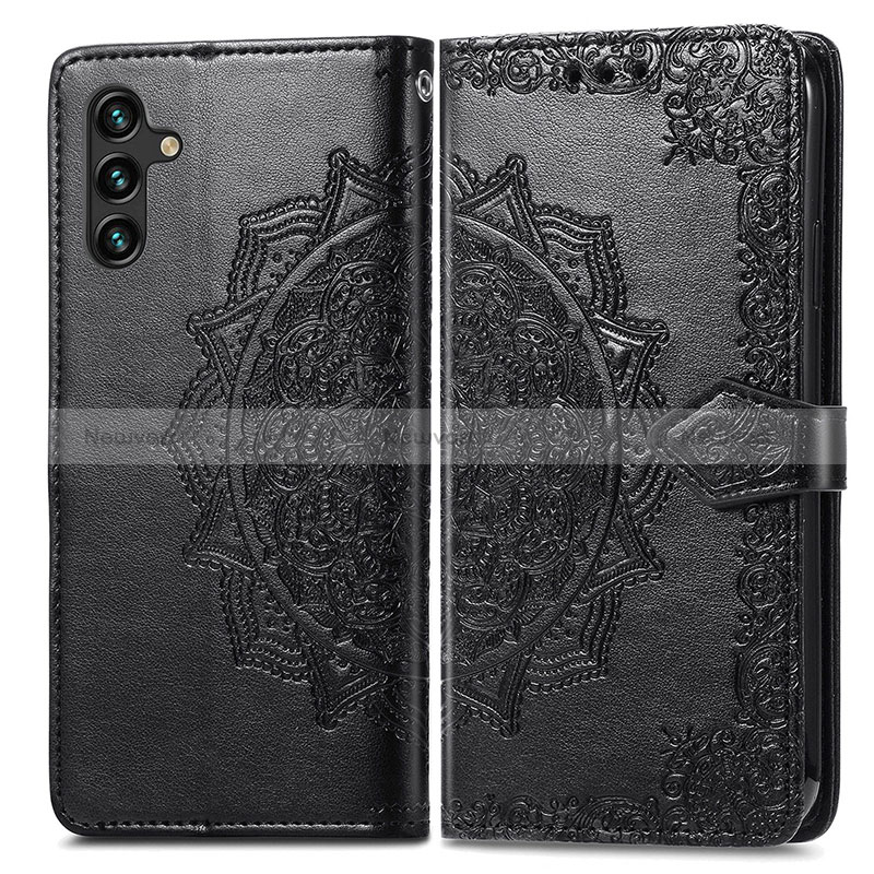 Leather Case Stands Fashionable Pattern Flip Cover Holder for Samsung Galaxy A04s Black