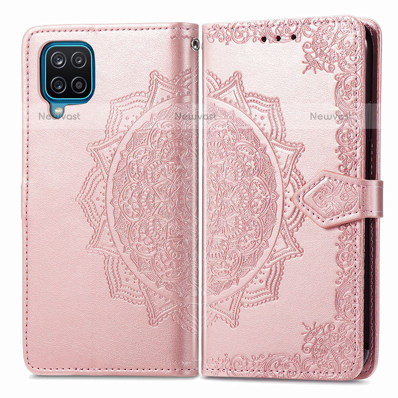 Leather Case Stands Fashionable Pattern Flip Cover Holder for Samsung Galaxy A12 Rose Gold