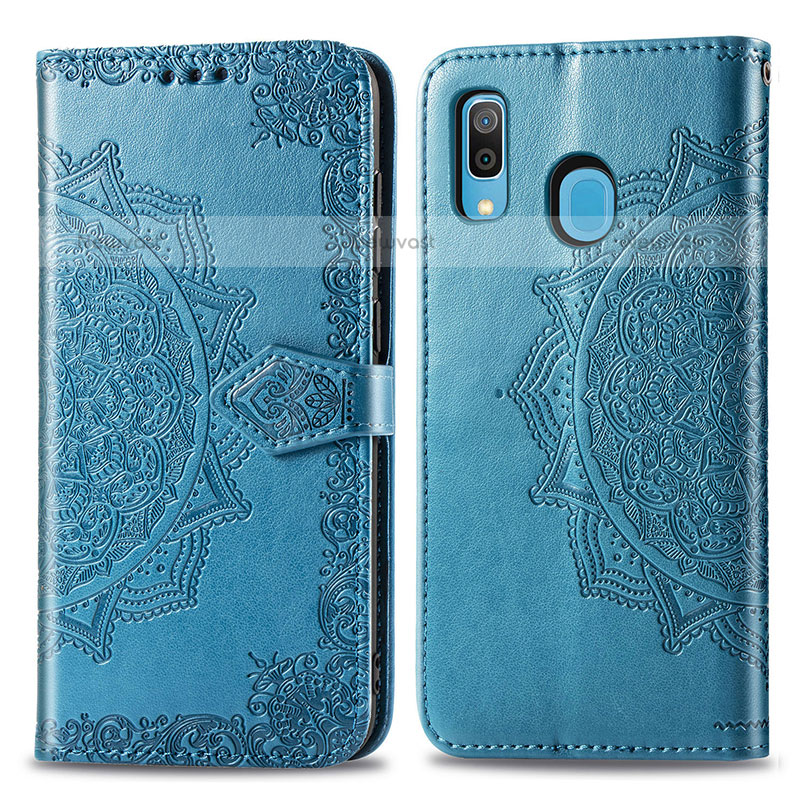 Leather Case Stands Fashionable Pattern Flip Cover Holder for Samsung Galaxy A20 Blue