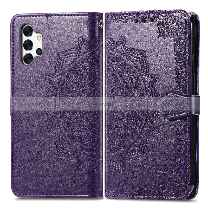 Leather Case Stands Fashionable Pattern Flip Cover Holder for Samsung Galaxy A32 5G Purple