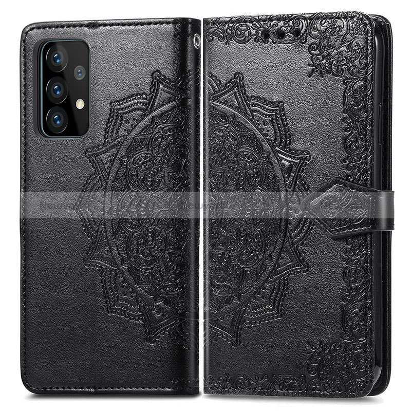 Leather Case Stands Fashionable Pattern Flip Cover Holder for Samsung Galaxy A52 4G Black