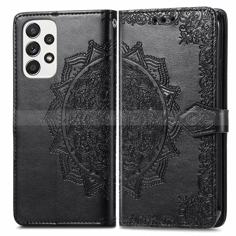 Leather Case Stands Fashionable Pattern Flip Cover Holder for Samsung Galaxy A73 5G Black