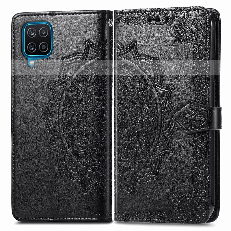 Leather Case Stands Fashionable Pattern Flip Cover Holder for Samsung Galaxy F12 Black