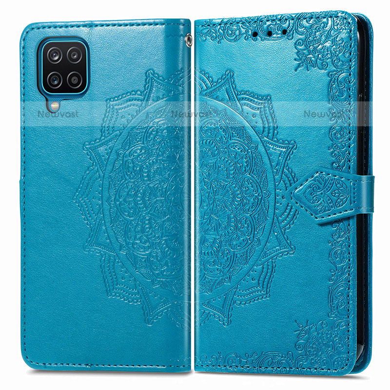 Leather Case Stands Fashionable Pattern Flip Cover Holder for Samsung Galaxy F12 Blue