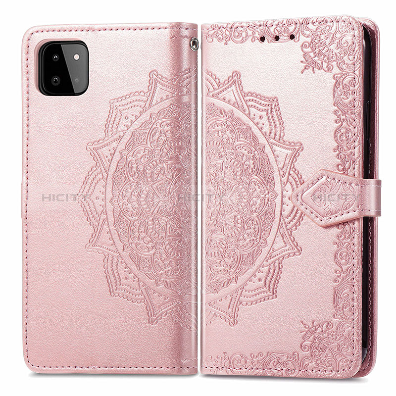 Leather Case Stands Fashionable Pattern Flip Cover Holder for Samsung Galaxy F42 5G Rose Gold