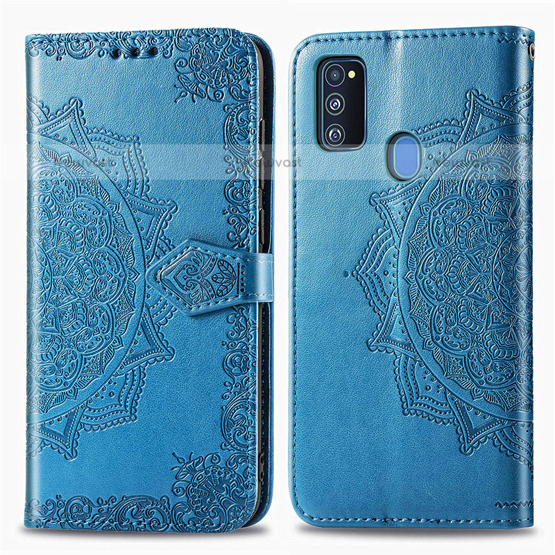 Leather Case Stands Fashionable Pattern Flip Cover Holder for Samsung Galaxy M30s Blue