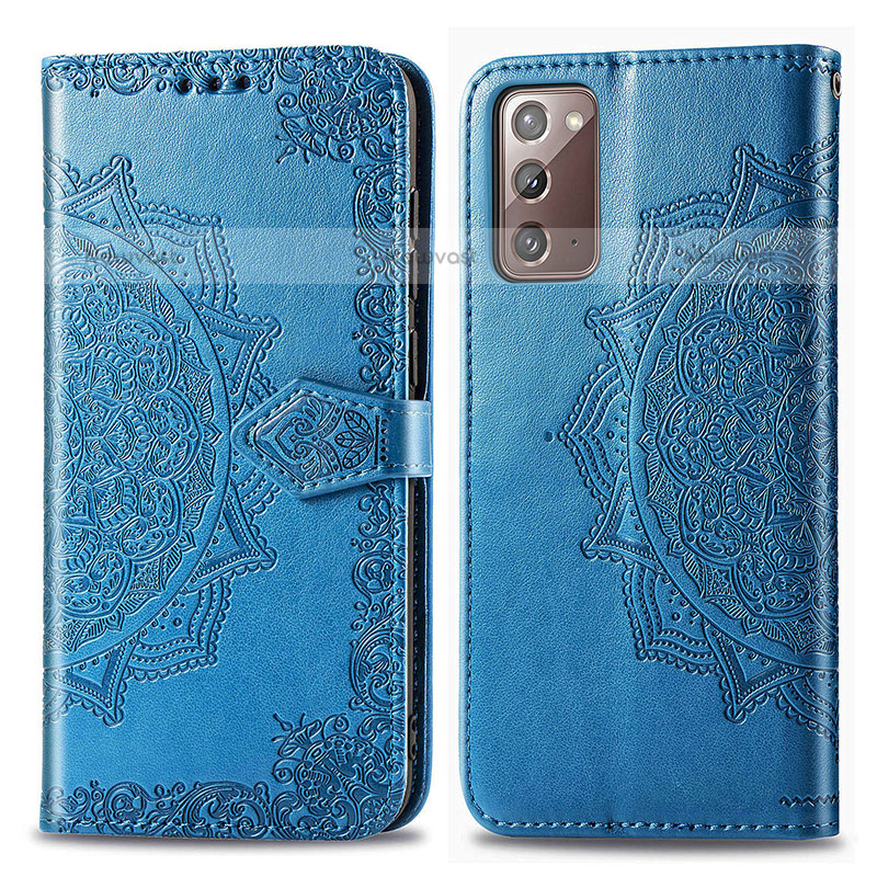 Leather Case Stands Fashionable Pattern Flip Cover Holder for Samsung Galaxy Note 20 5G Blue