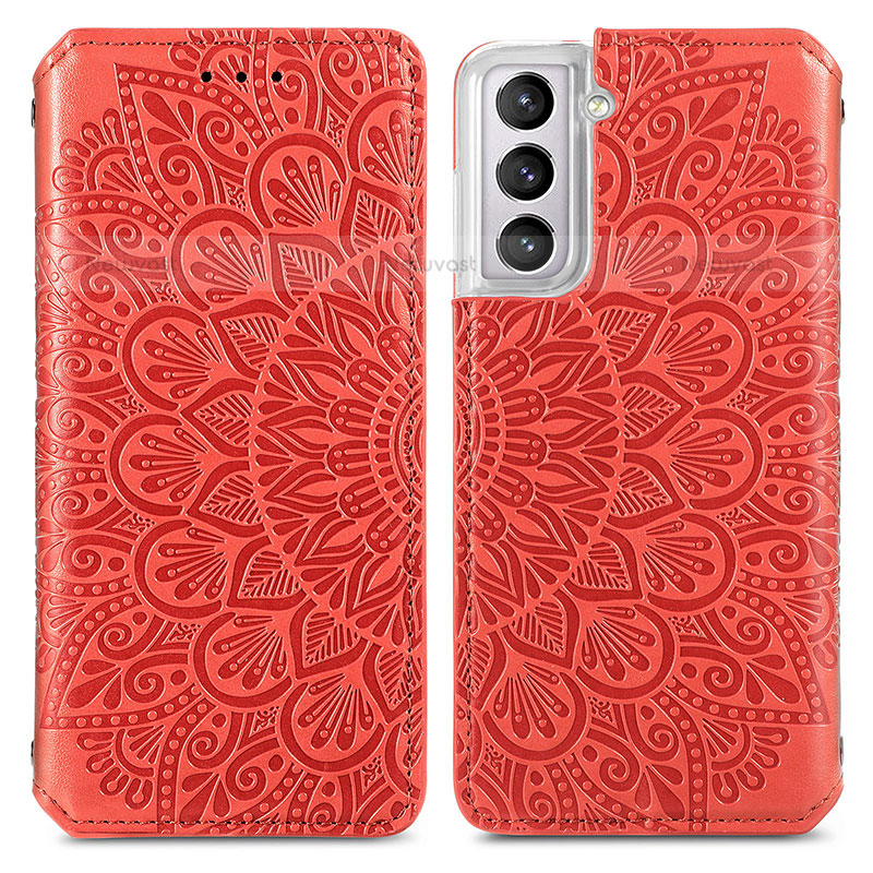 Leather Case Stands Fashionable Pattern Flip Cover Holder for Samsung Galaxy S21 Plus 5G Red