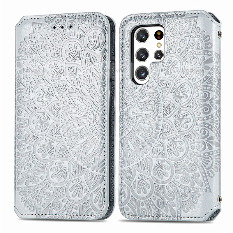 Leather Case Stands Fashionable Pattern Flip Cover Holder for Samsung Galaxy S22 Ultra 5G Gray