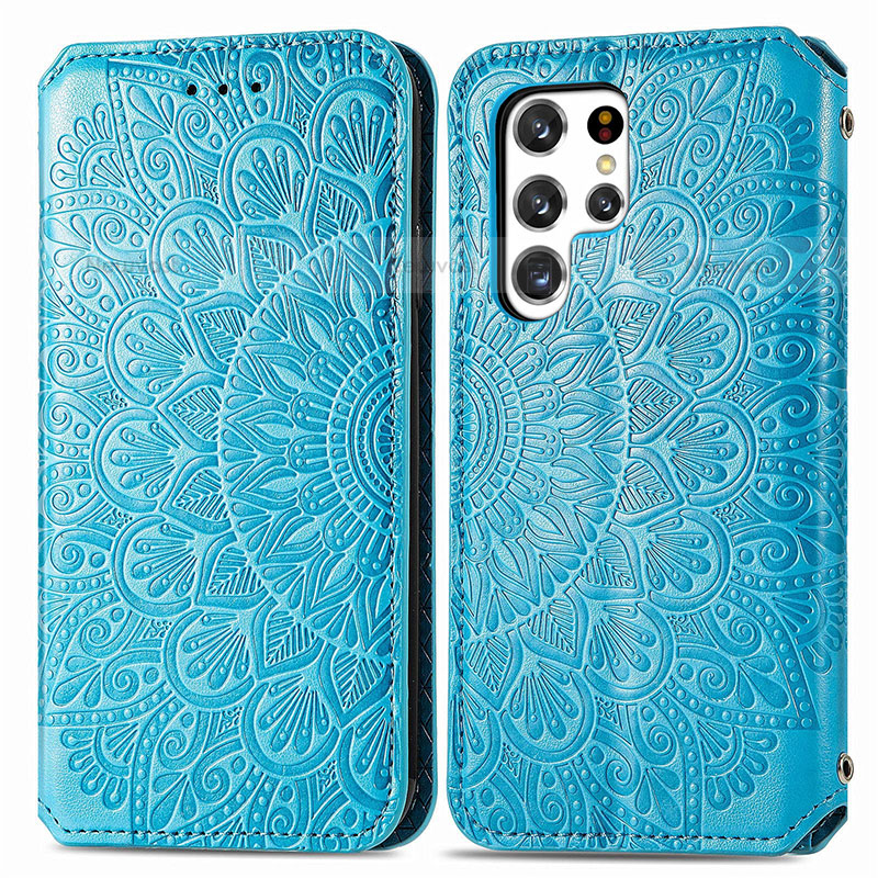 Leather Case Stands Fashionable Pattern Flip Cover Holder for Samsung Galaxy S23 Ultra 5G Blue