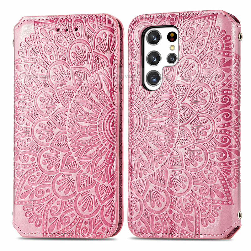 Leather Case Stands Fashionable Pattern Flip Cover Holder for Samsung Galaxy S23 Ultra 5G Rose Gold