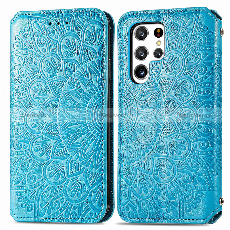 Leather Case Stands Fashionable Pattern Flip Cover Holder for Samsung Galaxy S24 Ultra 5G Blue